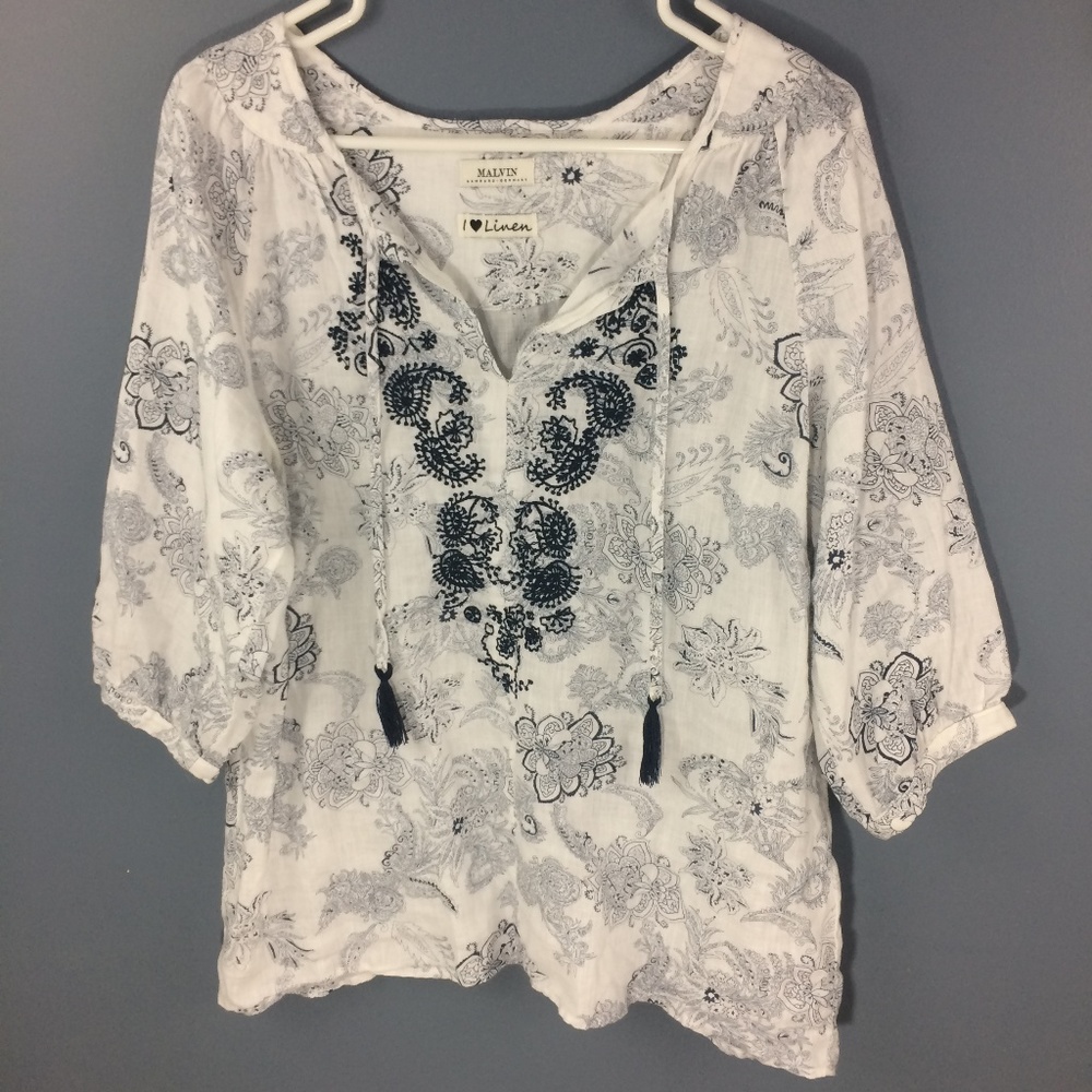 Malvin I Love Linen White and Black Peasant Top 3/4 sleeve peasant top Size L